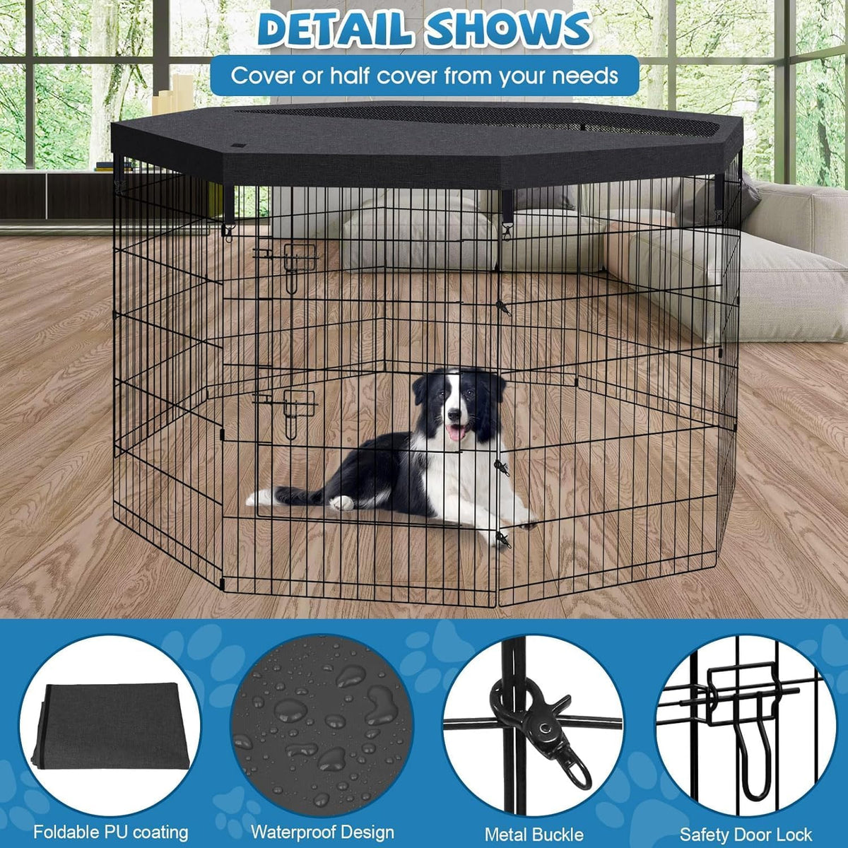 Puppy Pet Playpen 8 Panel 24 Inch Indoor Outdoor Metal Portable - 36"H x 24"W, 8 Panels with Octagonal Top Cover - image 4