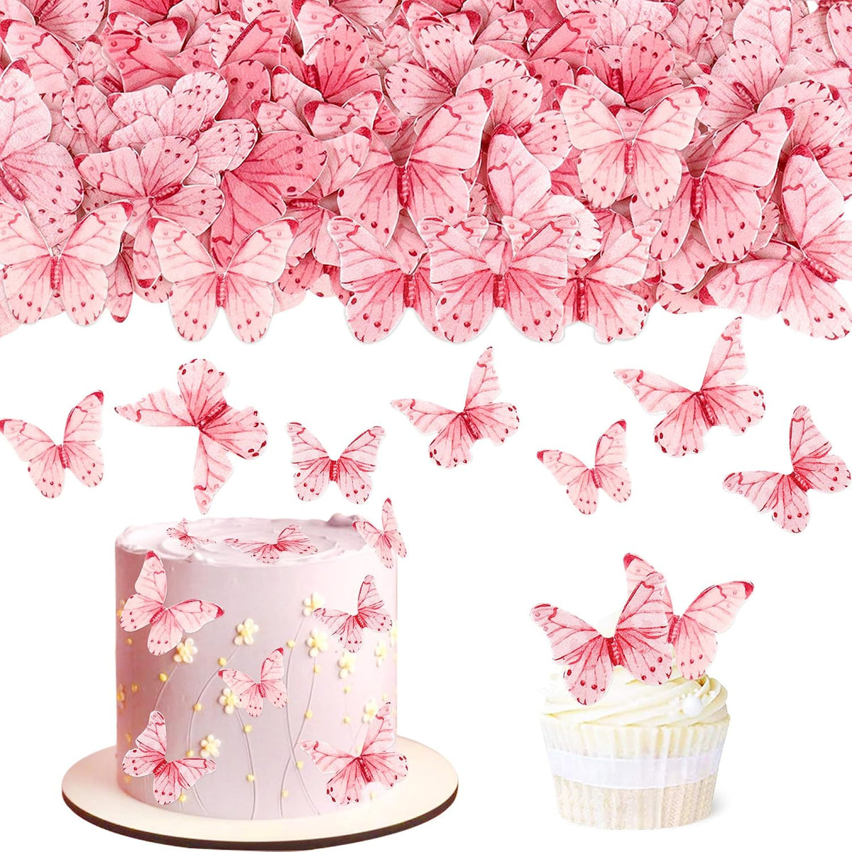 30Pcs 2D Waterproof Swallowtail Butterfly Cake Topper Transparent - Edible / Pink