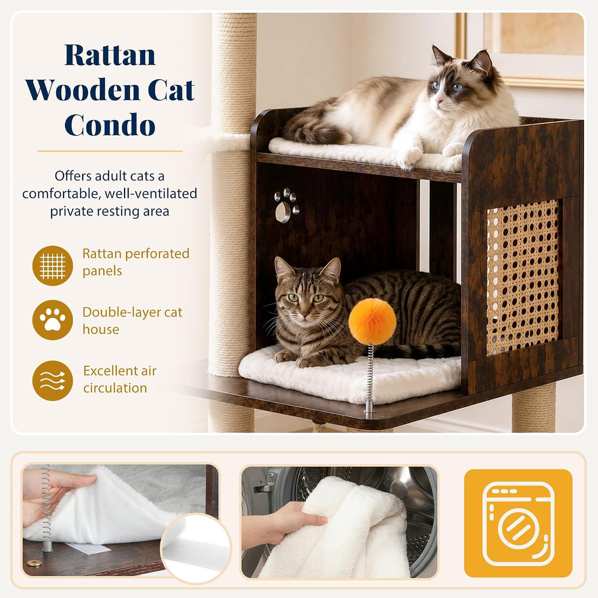 Hey-brother Wooden Cat Tree Tower with Rattan Condo - 21.7" x 15.8" x 73" / Rustic Brown - image 3
