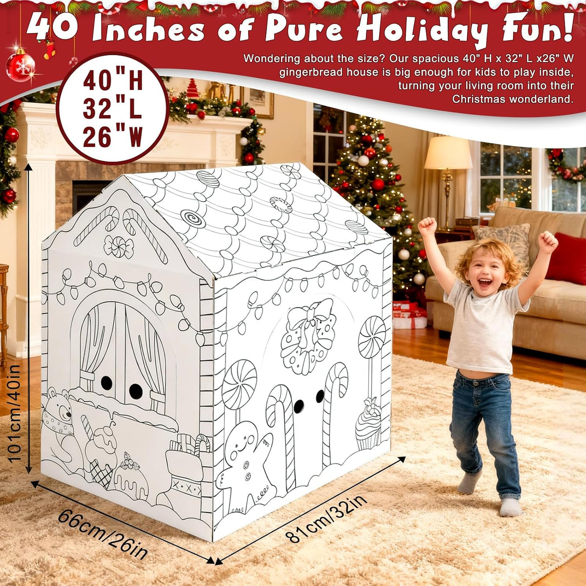 Kockuu cardboard gingerbread house to color, giant playhouse with candy cane and snowman prints - view 4