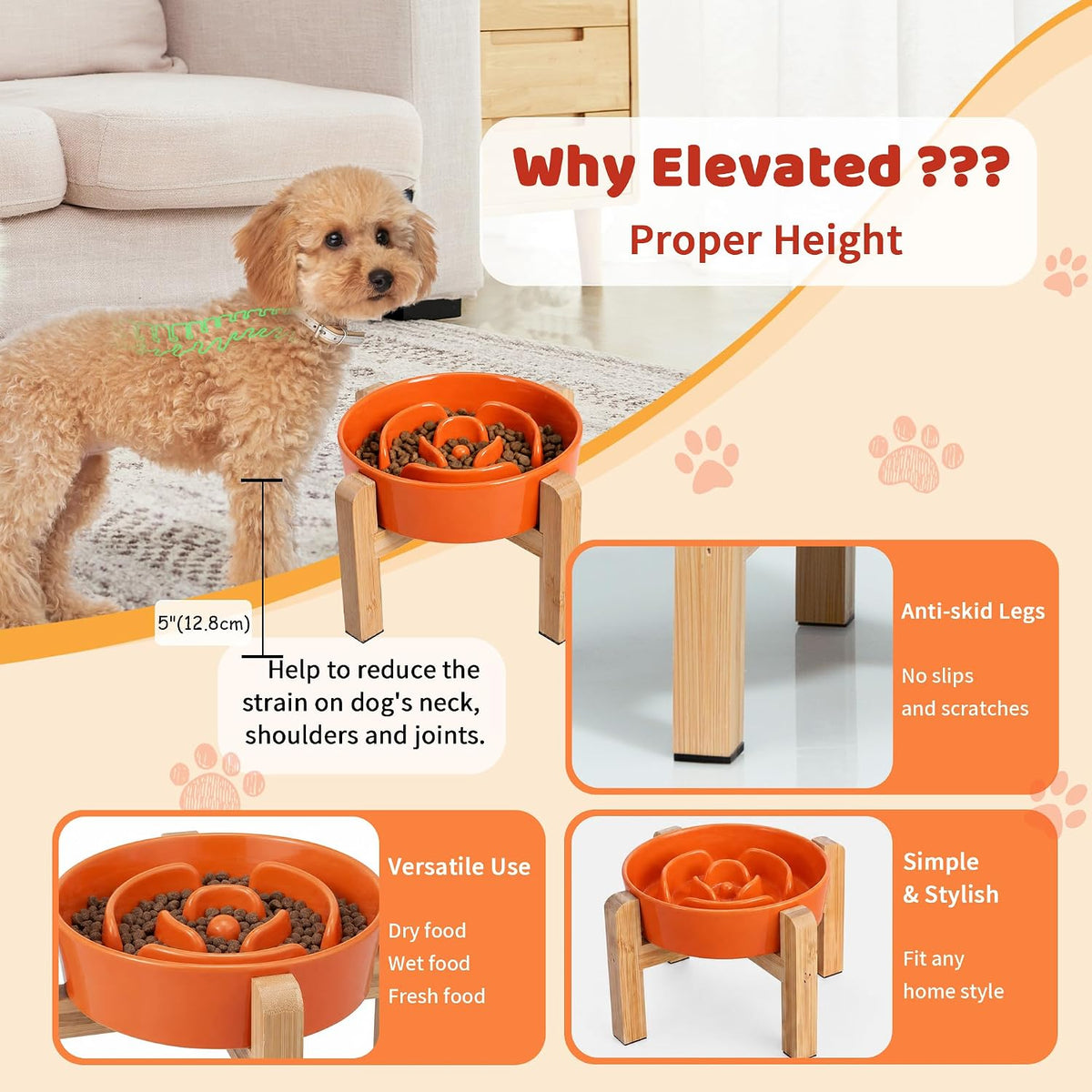 Elevated Slow Feeder Dog Bowl - Orange / 1.5 Cups - image 4