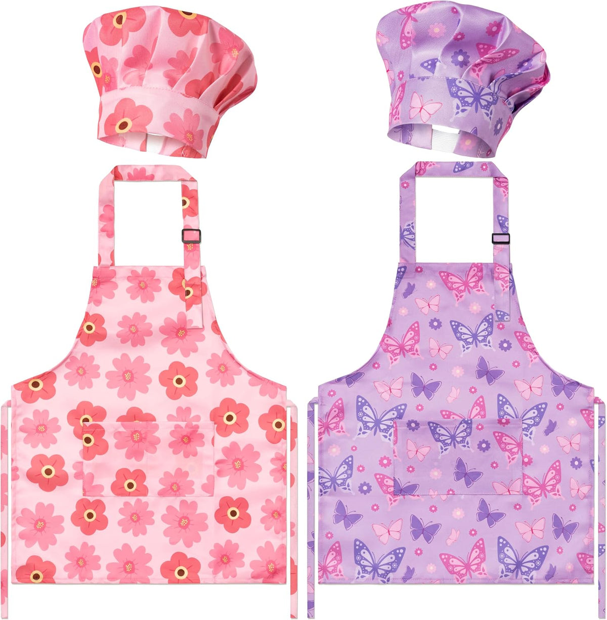 4Pcs Kids Apron and Chef Hat Set Gift for Girls Boys - Butterfly Flowers