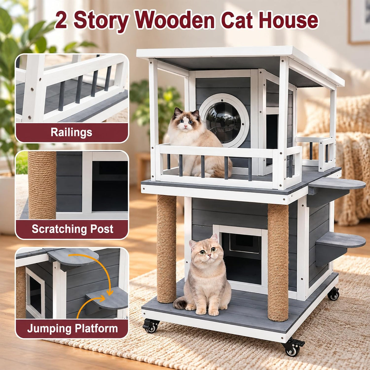 2-Layer Outdoor Cat House with Soft Mat - Grey White - image 2