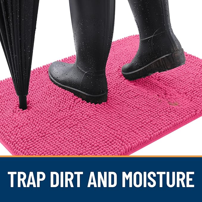 OLANLY Dog Door Mat for Muddy Paws 70x35, Absorbs Moisture and Dirt, Absorbent Non-Slip Washable Doormat, Quick Dry Chenille Mud Mat for Dogs, Entry Indoor Entryway Carpet for Inside Floor, Hot Pink