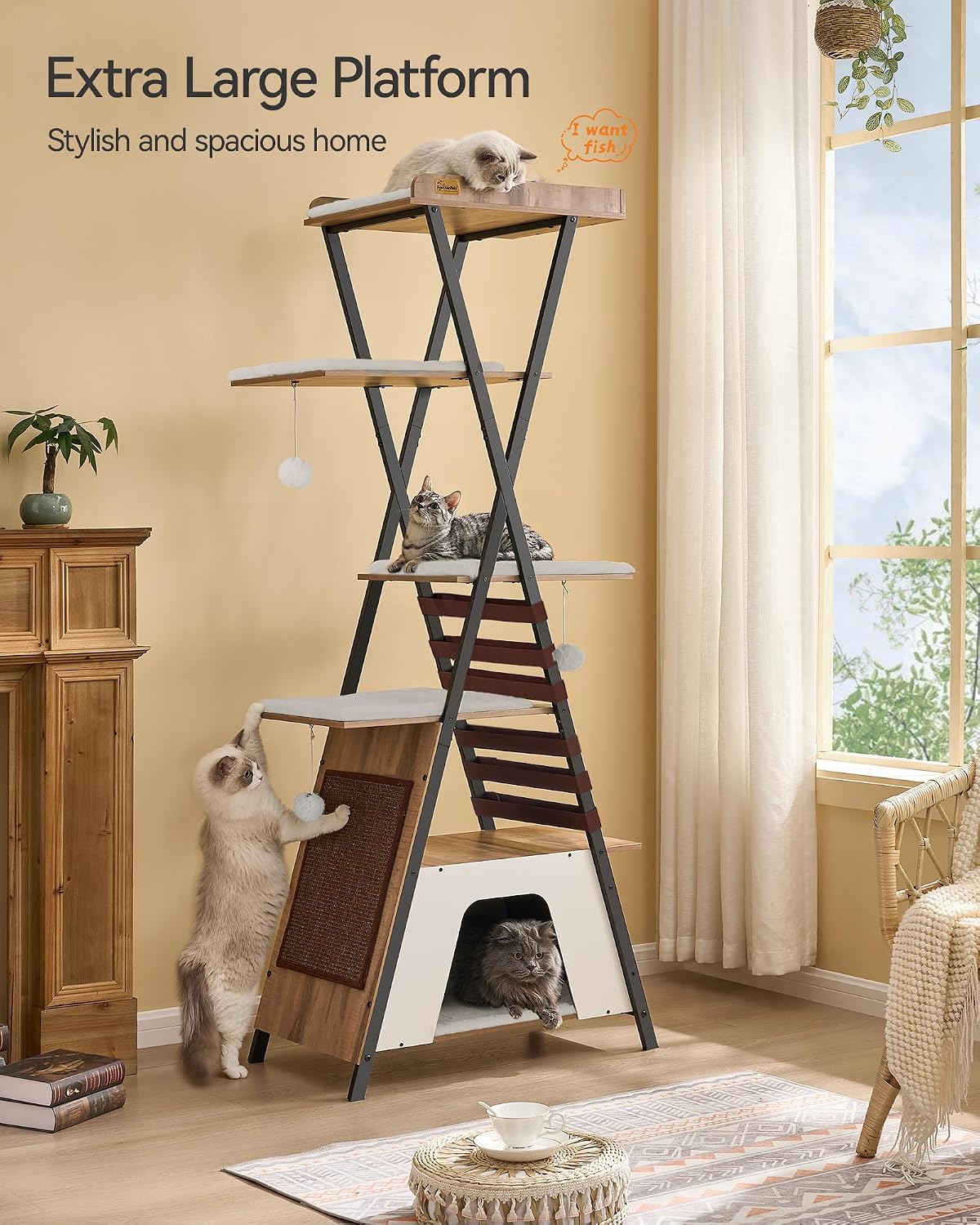 72.4" Modern Cat Tree for Indoor Cats, Multi-Level Cat Condo – Essentials for Cats - Camel Brown - image 3