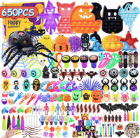 DKZ 650 piece Halloween party favors with fidget poppers, squishies, cars and stickers