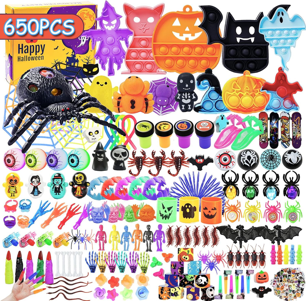 DKZ 650 piece Halloween party favors with fidget poppers, squishies, cars and stickers