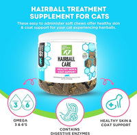 Only Natural Pet Hairball Care - Healthy Skin and Coat Support - Soft Chews for Cats – Digestive Supplement with Flaxseed, Psyllium Husk and Corn Silk – Chicken and Liver Flavor – 60 Count