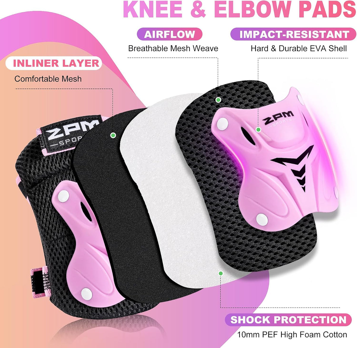 2PM SPORTS Knee and Elbow Pads Set with Wrist Guards for Kids Girls - Pink / Small - image 3