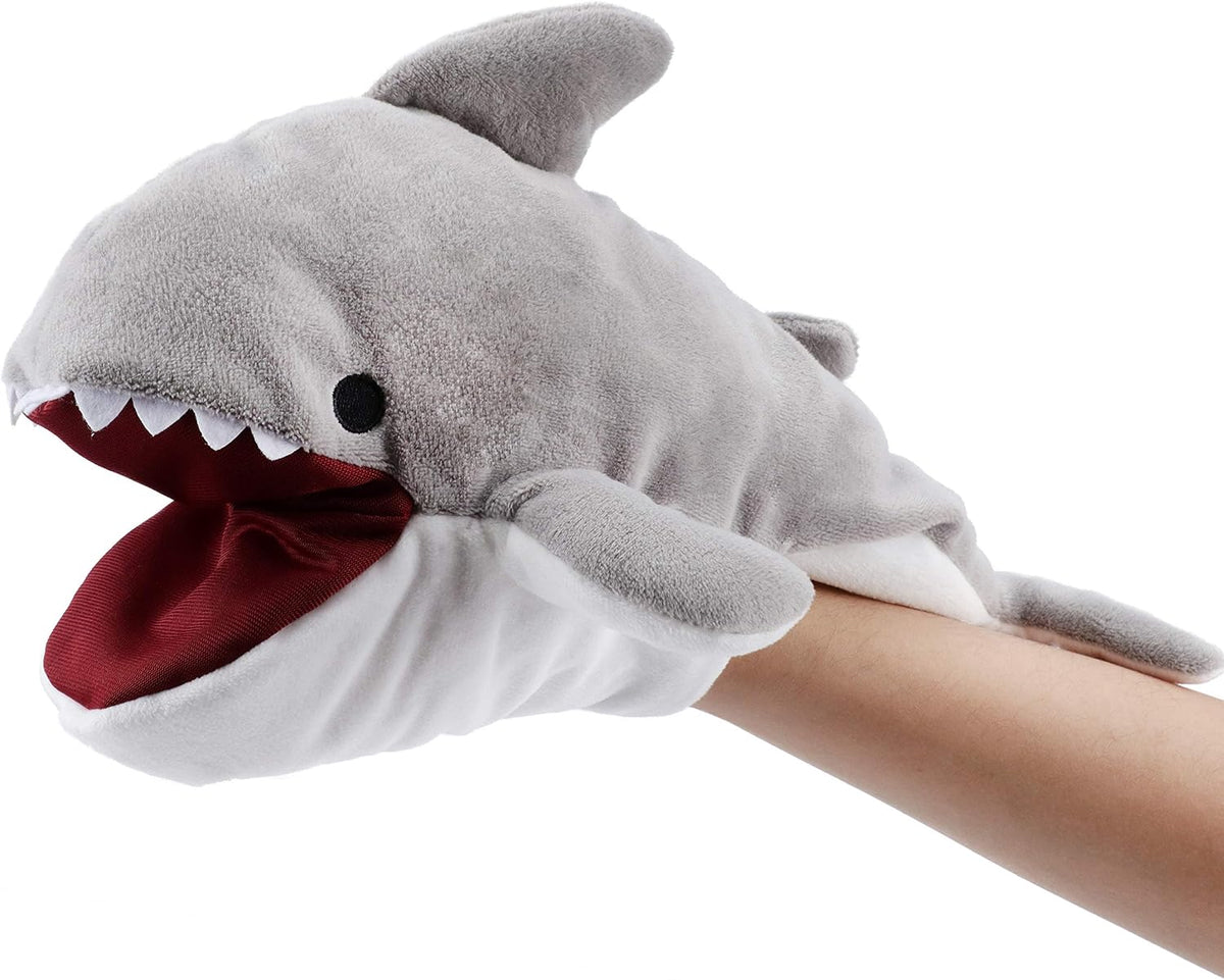 Hopearl white plush unicorn hand puppet with open movable mouth, 12 inches