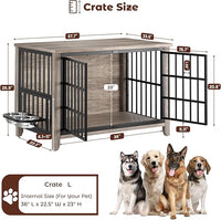 Lulive Large Dog Kennel Indoor with 360°& Adjustable Raised Dog Bowls, Wooden Dog Crate Furniture Double Doors Furniture Dog Crates End Table for Large/Medium Dogs 37.8" L*23.6" W*27" H, Grey