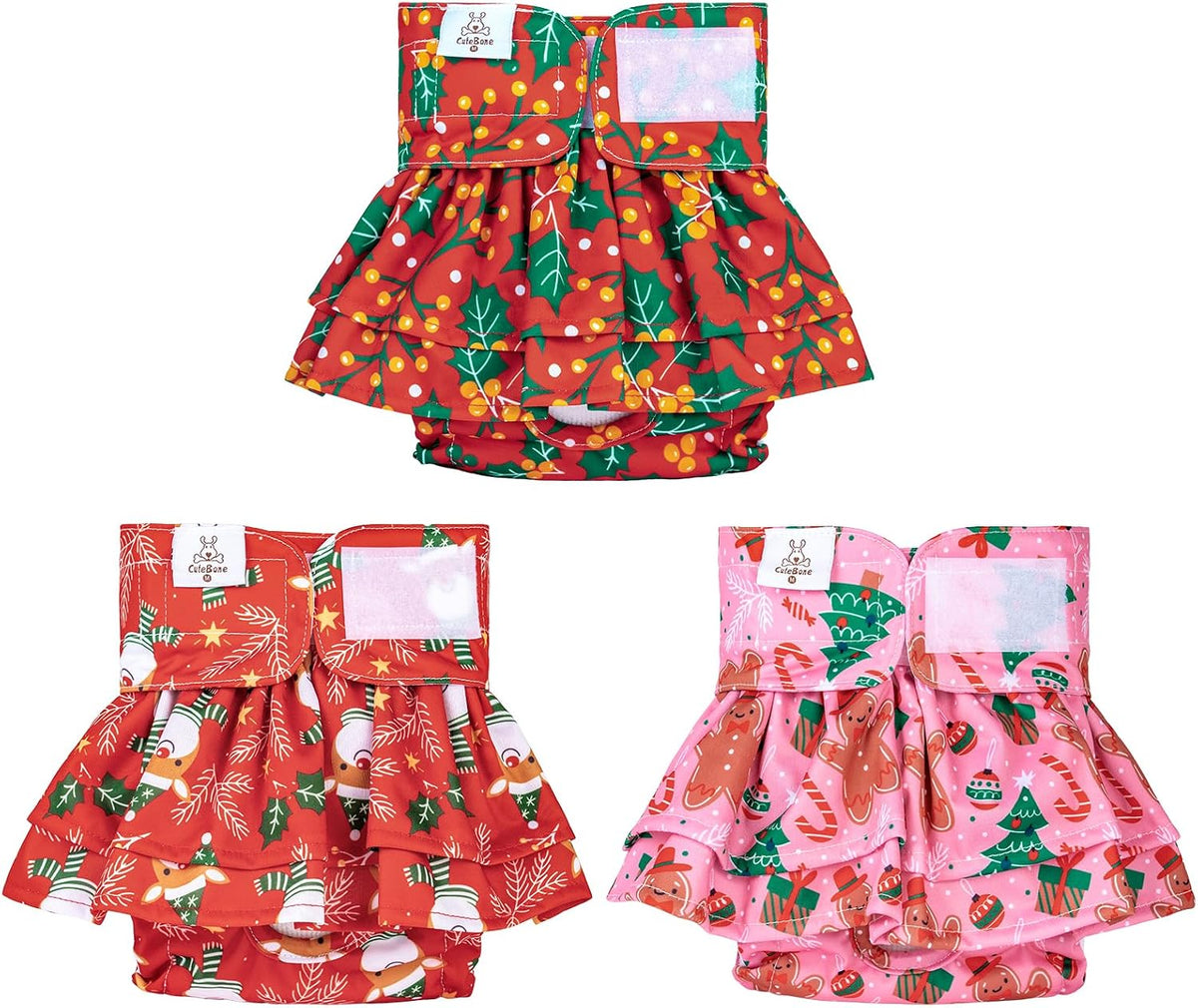 CuteBone Female Dog Diapers with Skirts 3 Pack Reusable Puppy Dresses - Xmas 3pcs / L