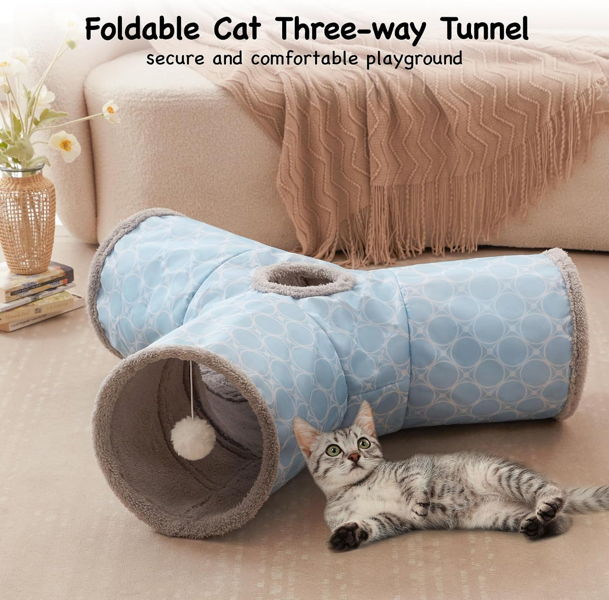 Tempcore Cat Tunnel, 3-Way Collapsible Toy for Indoor Cats - Geometry Blue / Small - image 3