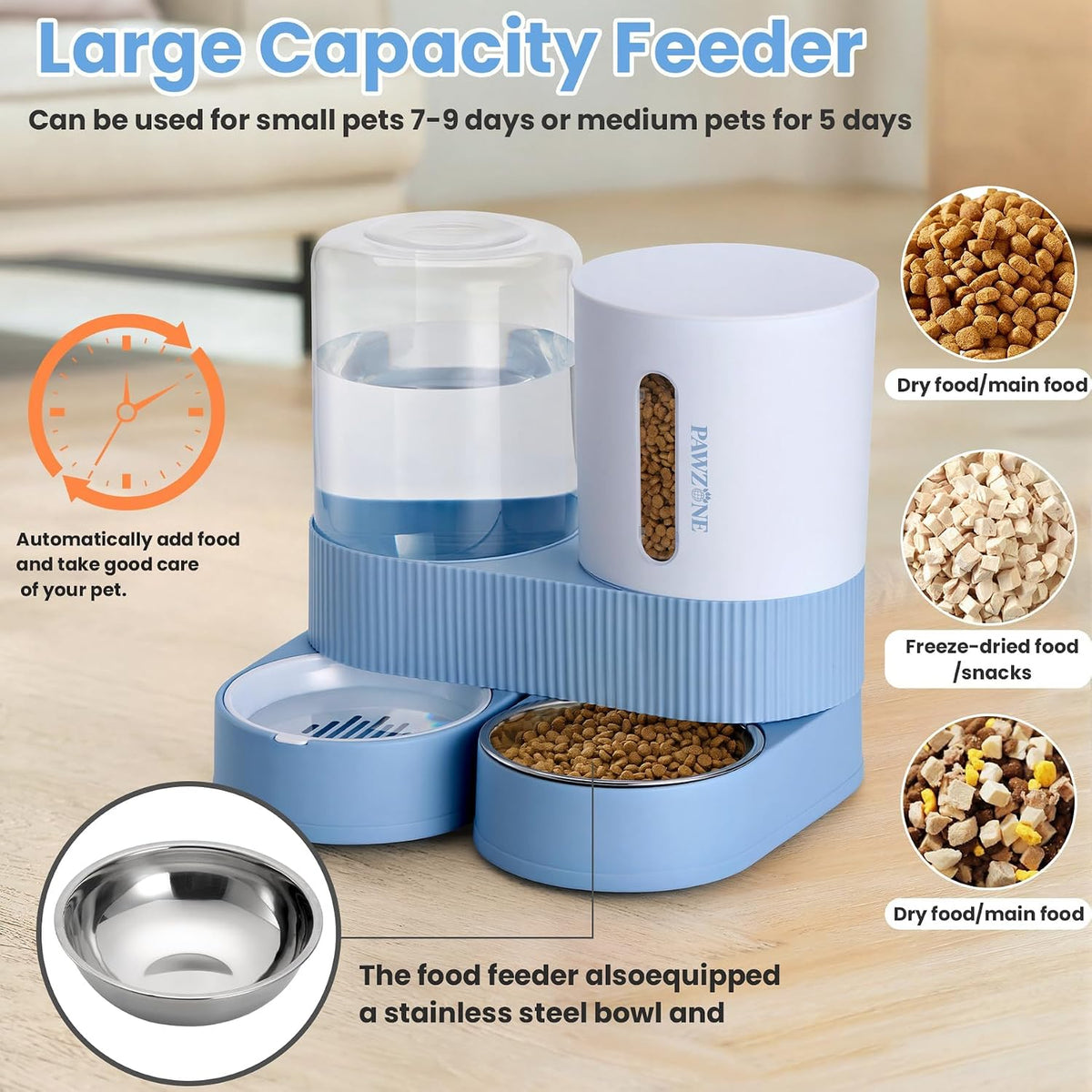 Automatic Cat Feeder Stainless Steel Water Dispenser Gravity Food - Blue - image 3