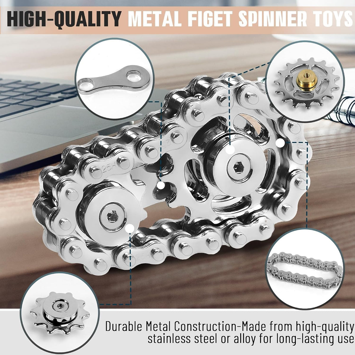 Fidget Spinner Toy for Adults Metal Figette Bike Chain for Adult Men - Color 2pc - image 3