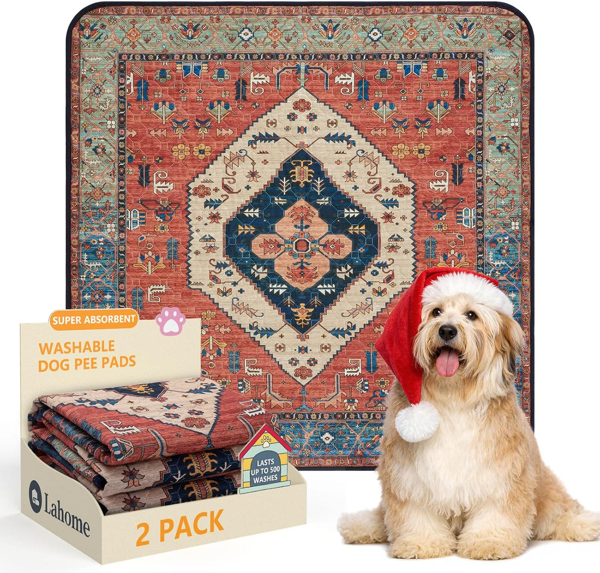 Lahome Botanical Washable Reusable Pee Pads for Dogs, 36x48 - Red / 2FT x 2FT (Pack of 2)