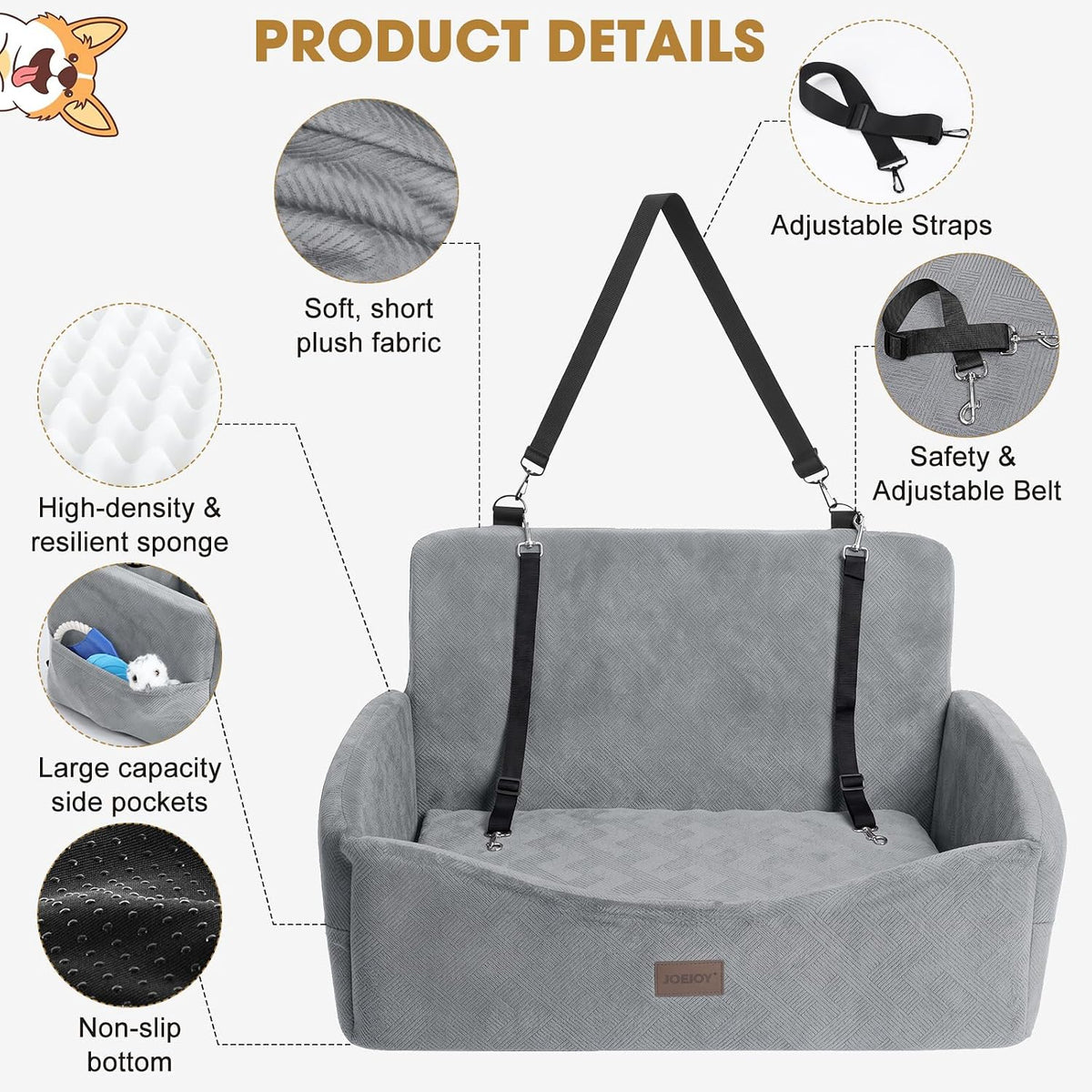 JOEJOY Dog Car Seats for Small Medium Dogs Under 35lbs - Light Grey / Large - image 4