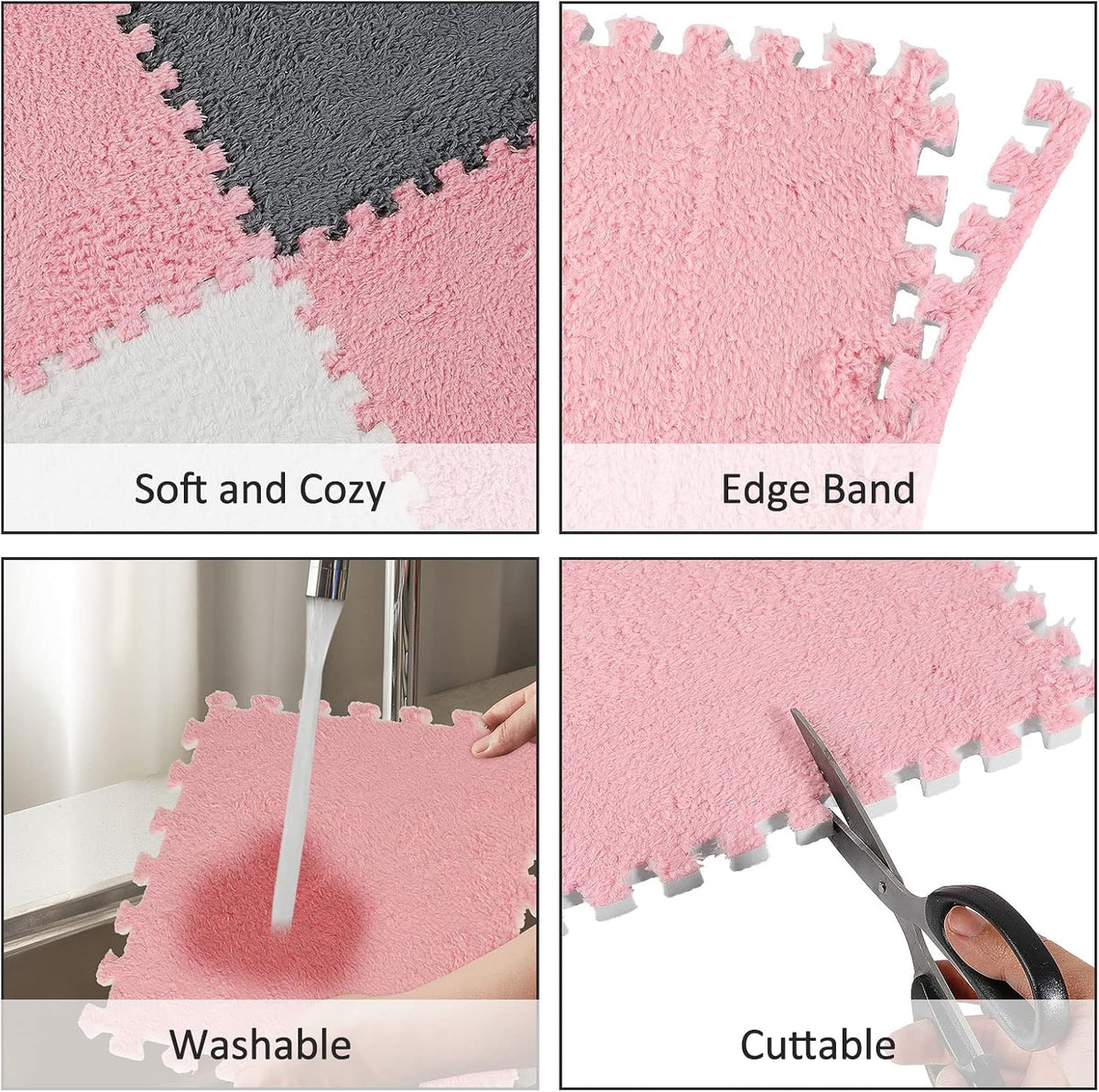 Amylove 18 Pcs Plush Foam Interlocking Carpet Tiles, Beige, Pink - White, Pink, Gray - image 3