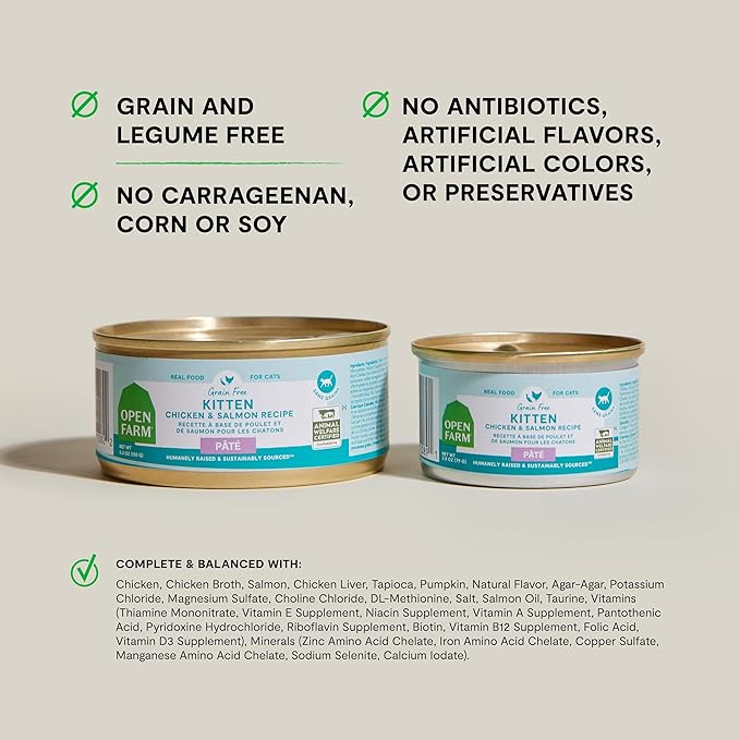 Open Farm Canned Kitten Food, Paté for Complete & Balanced Nutrition, Grain-Free and Legume-Free Wet Kitten Food, Chicken & Salmon Recipe, 5.3oz Cans (Case of 12)