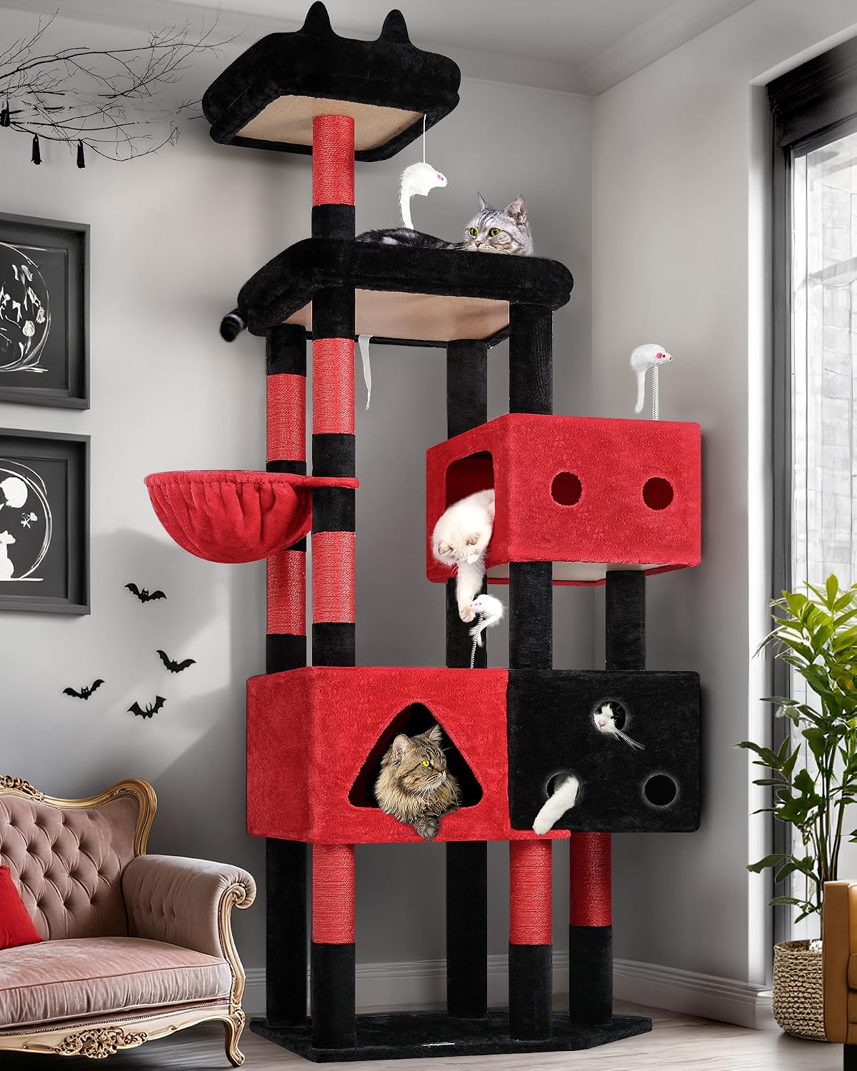 Globlazer Extra Large Cat Tower for Big Cats 20 lbs, F81 - 81 inch / Red Black