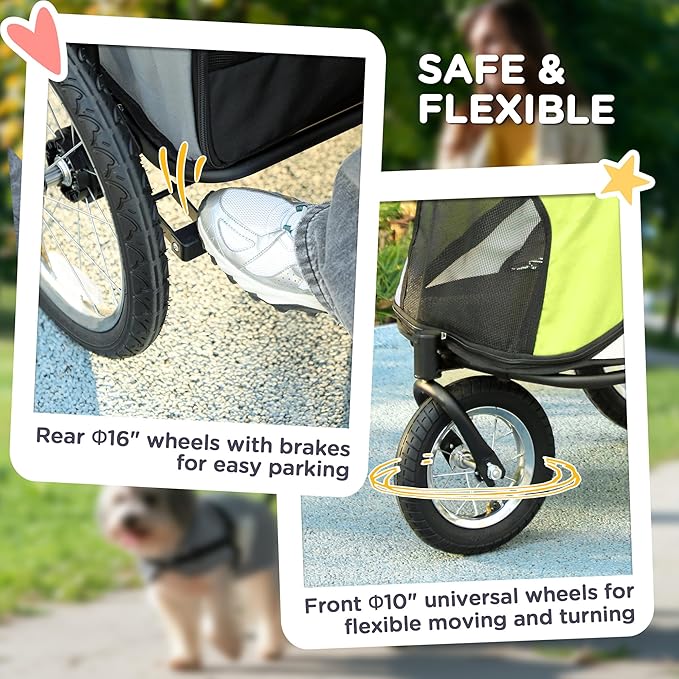 PawHut Dog Stroller, Pet Stroller 3 Wheels with Easy One-Hand Fold, Rubber Wheels, Storage Bag, Soft Cushion, Safety Leash, for Small & Medium Dogs, Yellowish Green