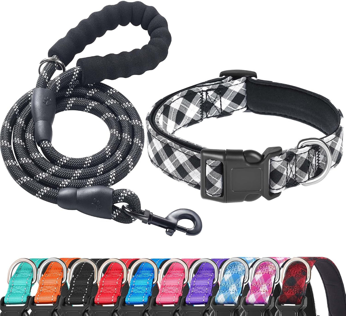 Ladoogo Reflective Dog Collar Padded with Soft Neoprene - Black/White / Medium