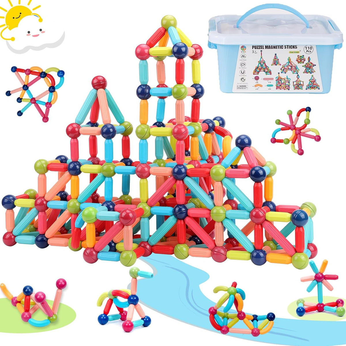 COUOMOXA Magnetic Building Blocks STEM for Toddlers: 74pcs Montessori - 110 PCS