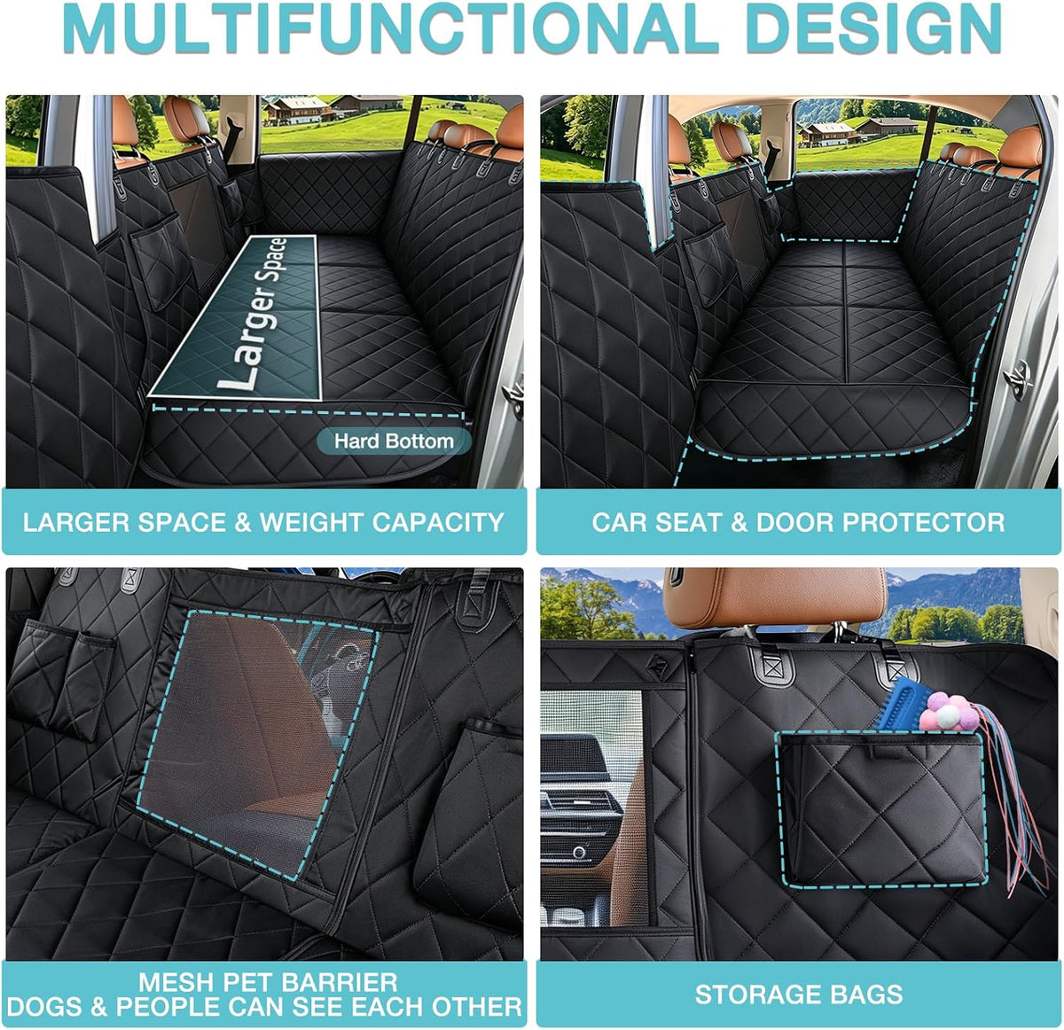 Dog Car Seat Cover for Back Seat with Safety Belt Universal Fit – Essentials for Dogs - Hard Bottom Black / Standard - image 3