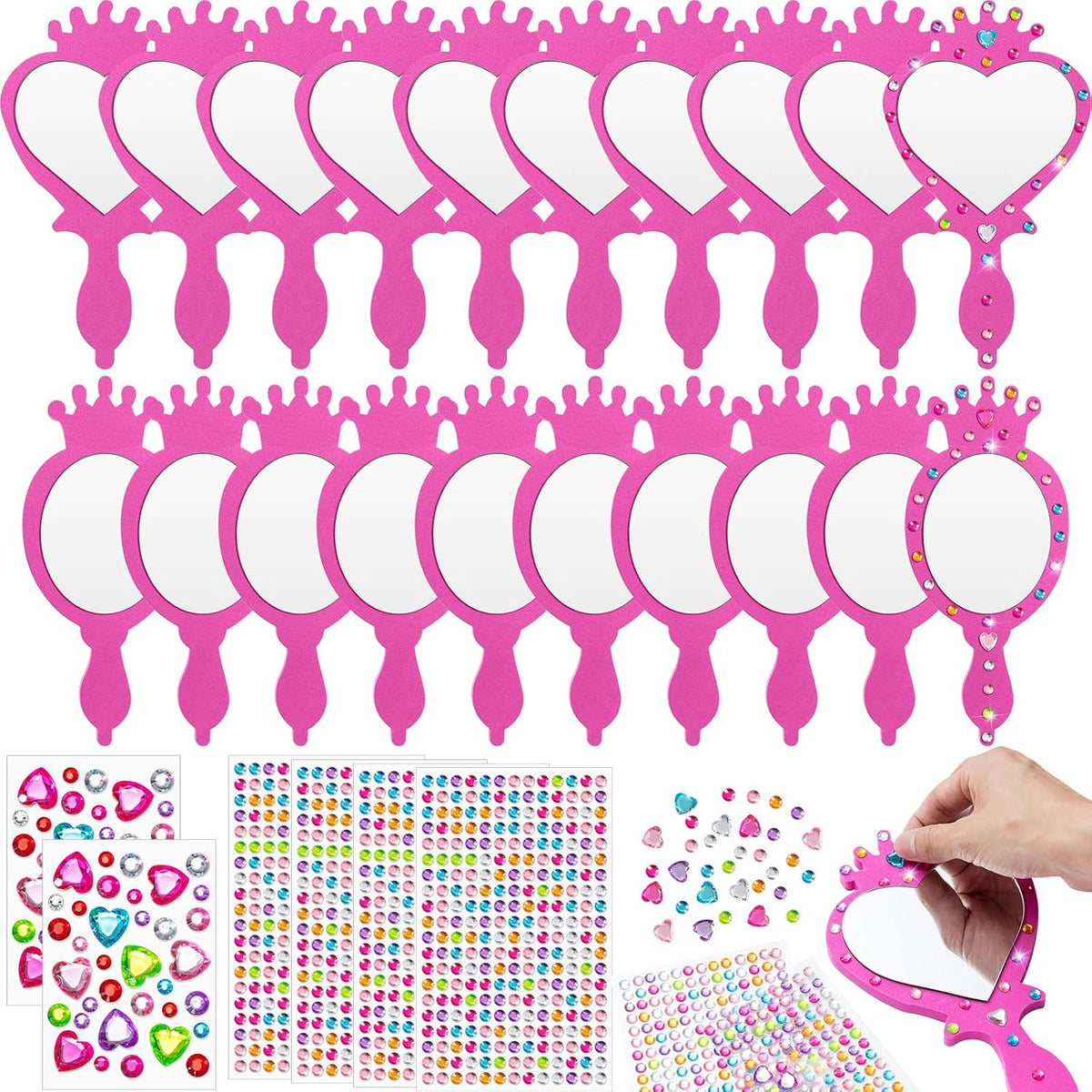 Geetery unbreakable kids mirror craft kit, 20 heart and oval foam princess mirrors in pink, blue and - view 3
