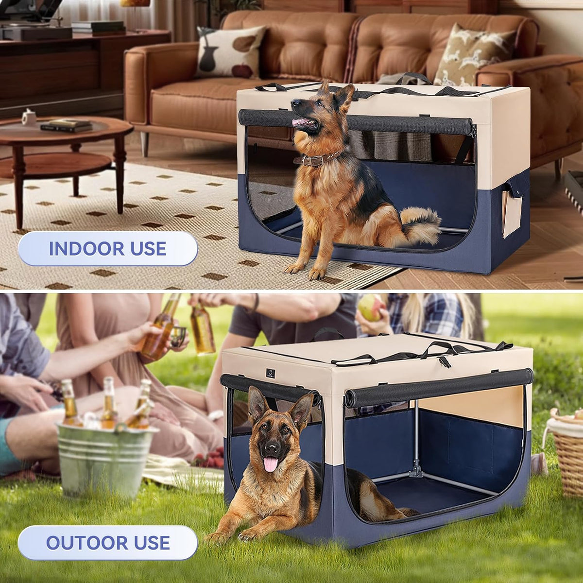 A 4 Pet 36-in Foldable Soft-Sided Dog Crate for Large Dogs – Essentials for Dogs - Blue+Beige / 36.0"L x 24.0"W x 23.0"H - image 2