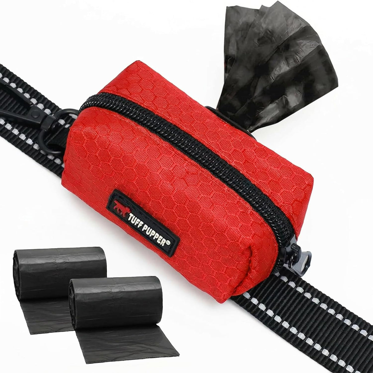 Tuff Pupper Dog Poop Bag Holder, Works with Any Dog Leash - March Red