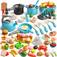 130Pcs Kitchen Playset, Toddler Pretend Cooking Play Pots, Pans - Turquoise / 130 Pcs