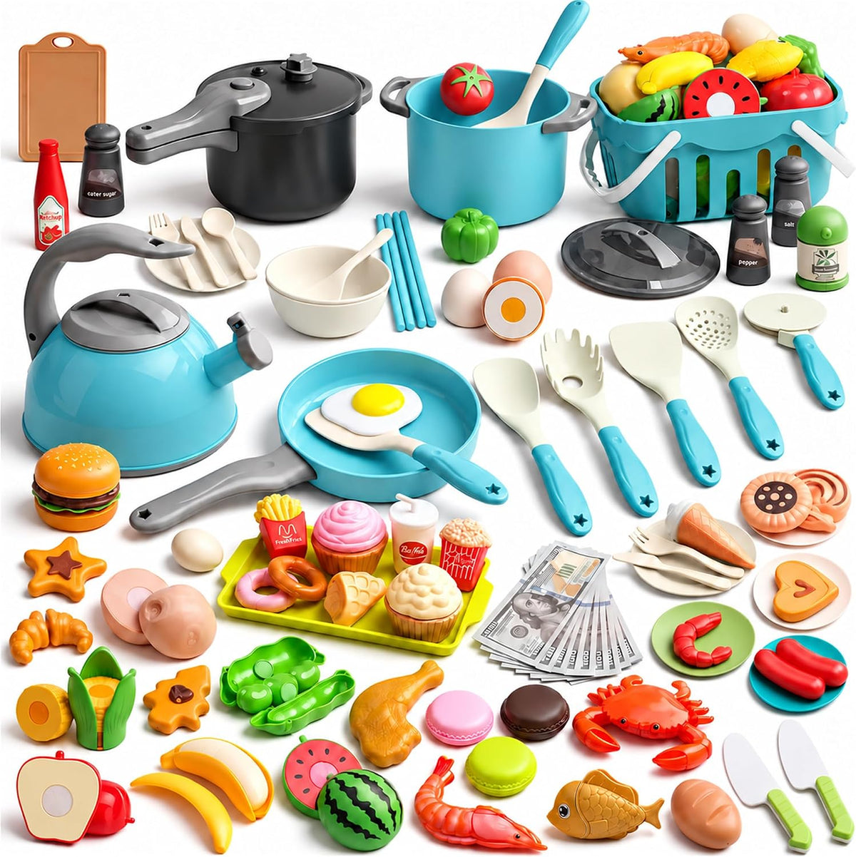 130Pcs Kitchen Playset, Toddler Pretend Cooking Play Pots, Pans - Turquoise / 130 Pcs