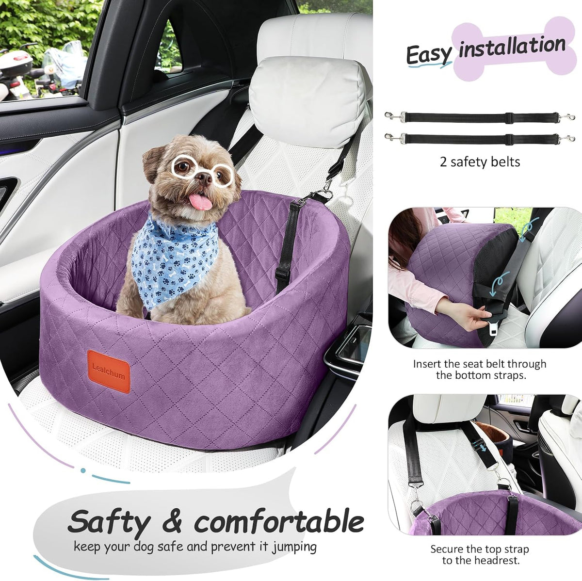 Lealchum Dog Car Seat for Small Dogs Up to 30 Lbs with 2 Safety Dog - Purple / Small - image 4