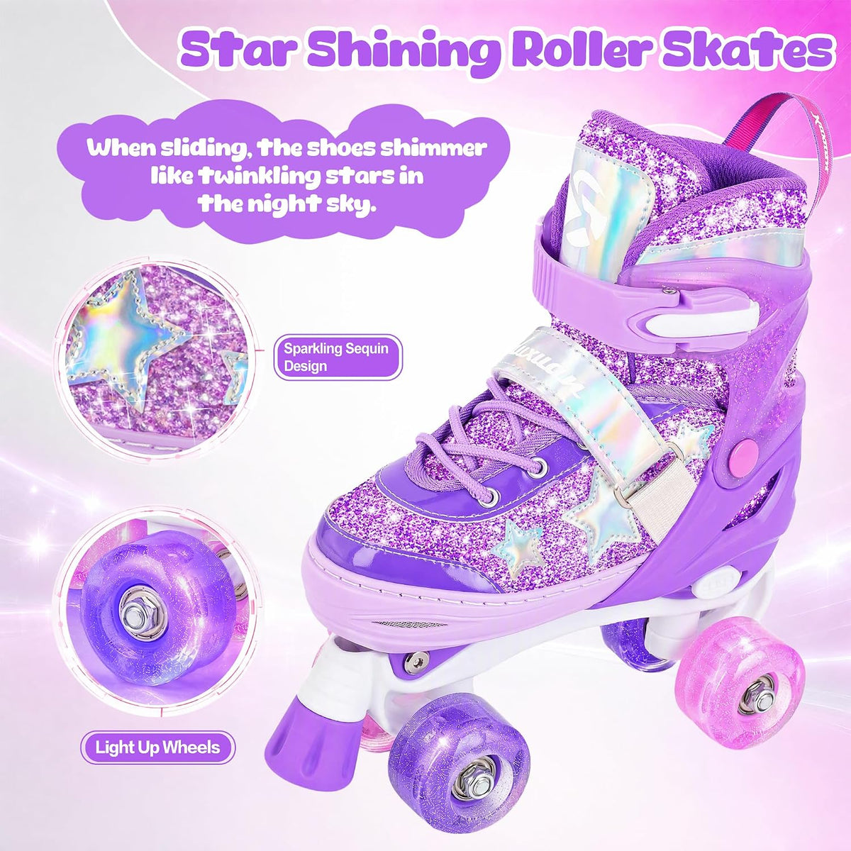 Kuxuan Adjustable Roller Skates with Fun Illuminating Rollerskate - Star Purple / Small - Little Kid(10C-13C) - image 4