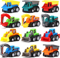 Funcorn Toys 12 piece pull back construction trucks set with dump trucks, tractors and excavators