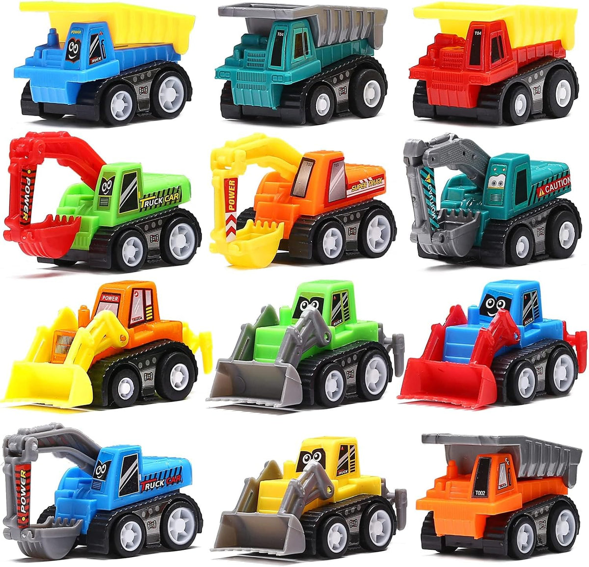 Funcorn Toys 12 piece pull back construction trucks set with dump trucks, tractors and excavators