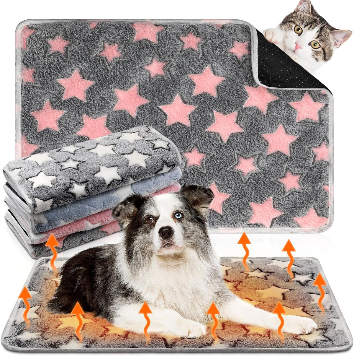 4 Pack Self Heating Cat Pad Self Warming Dog Mat, Heart - Stars / 24 x 35 Inches