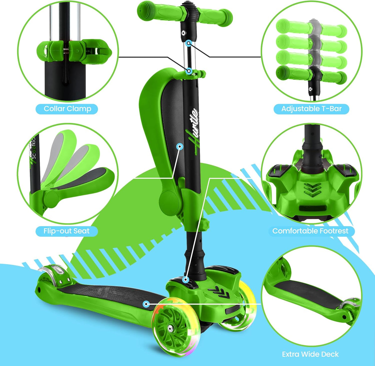 Hurtle 3-Wheeled Scooter for Kids, Wheel LED Lights - Green - image 4