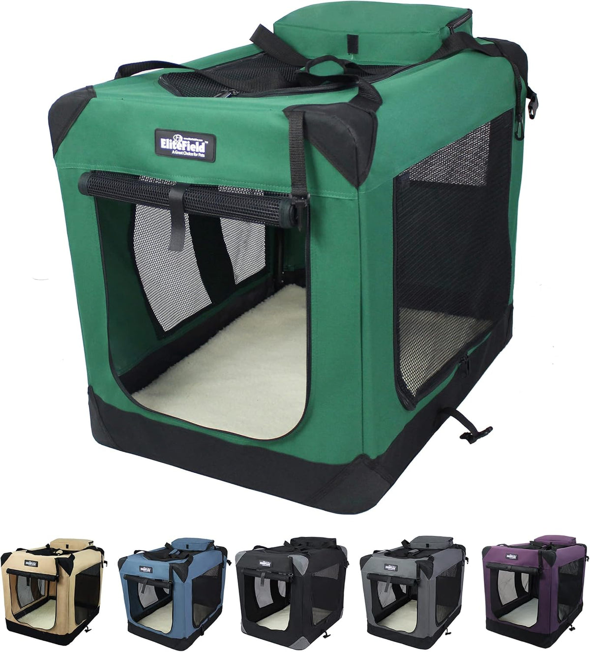 EliteField 3-Door Soft Dog Crate with Bed & Carrying Bag – Essentials for Dogs - Green / 20.0"L x 14.0"W x 14.0"H