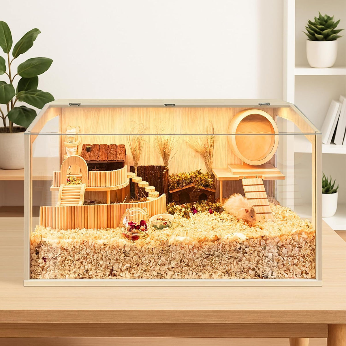 Hamster Cage Chewproof, Large Hamster Cages and Habitats - Natural Oak Wood / 24.0"L x 16.0"W x 16.0"H / Openable Window Roof - image 2