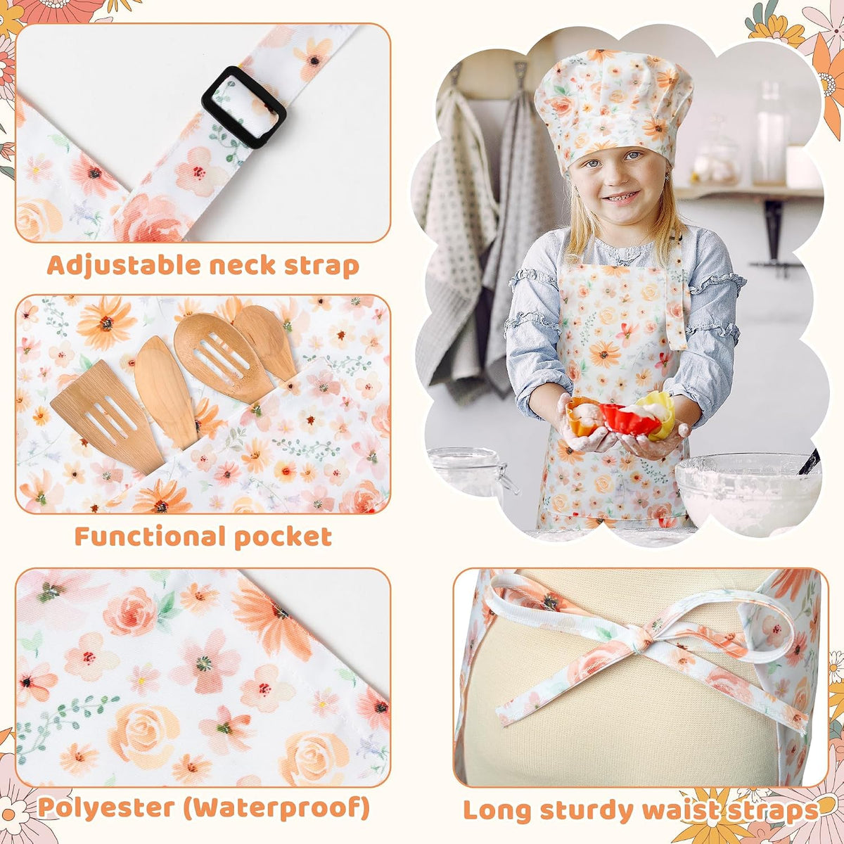 4Pcs Kids Apron and Chef Hat Set Gift for Girls Boys - Floral - image 3