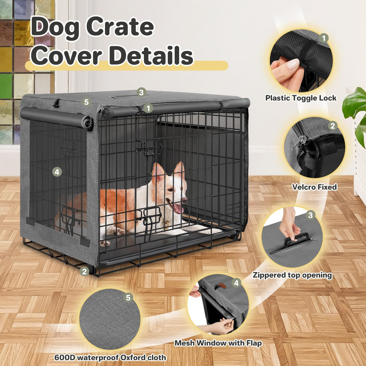 Dog Crate Cover, Kennel Covers Fit for 30 Inch Dogs Crate - Grey (with left window) / 24 Inch - image 3
