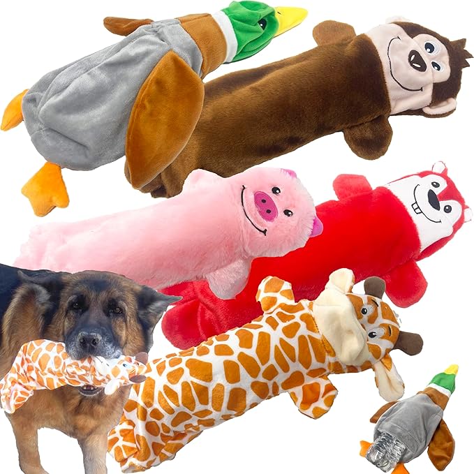 Jalousie 5 Pack Stuffingless Dog Squeaky Toys Dog Toy w/Durable Liner No Stuffing Dog Toy - Dog Toys Crinkle Paper Squeaker Toy for Medium Large Dogs (5 Pack - w/Bottle Insert Pouch)