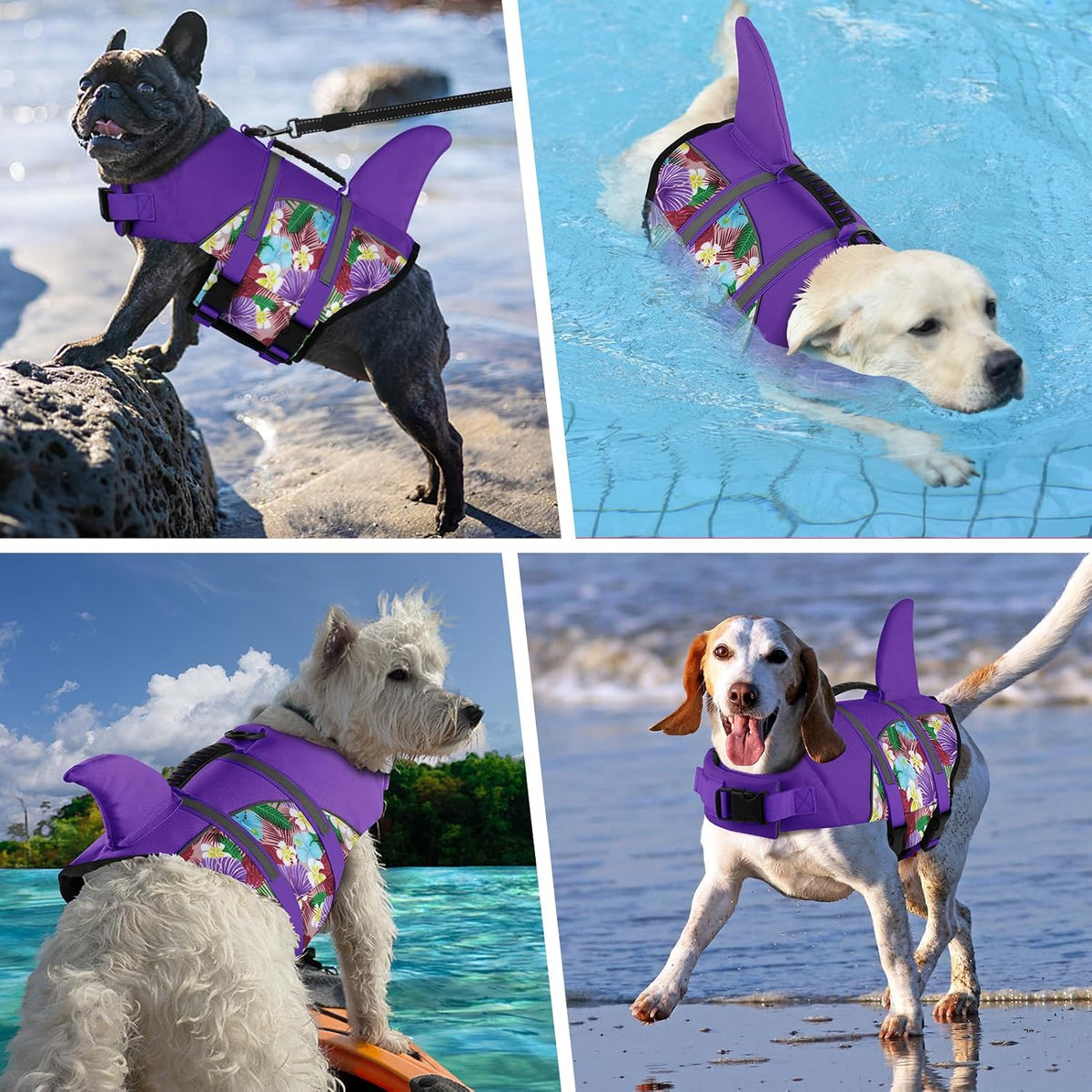 Doglay Dog Life Vest, Ripstop Shark Life Jacket - X-small / Purple & Purple Flower - image 2