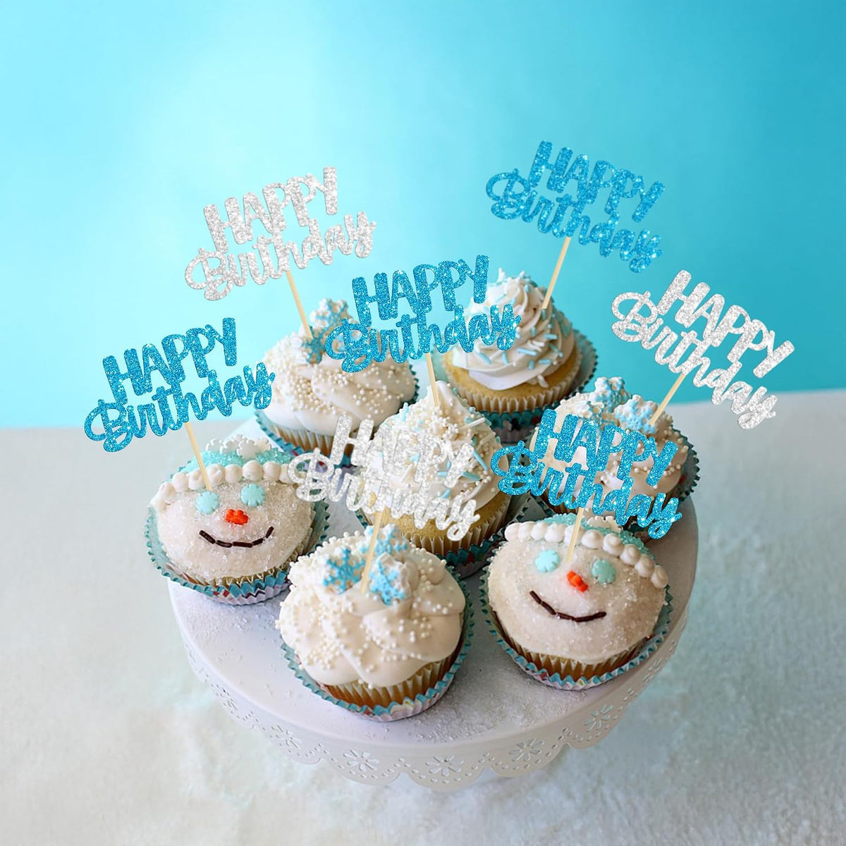 Gyufise 24Pcs Happy Birthday Cupcake Toppers Gold Glitter Celebrating - Blue Silver - image 4