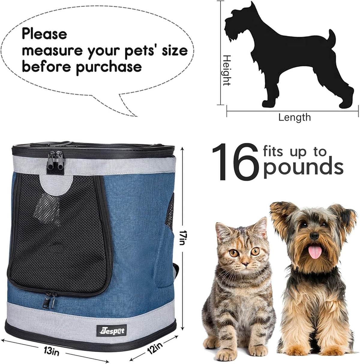 Jespet Pet Backpack Carrier for Small Dog - 1-Blue Grey - image 3