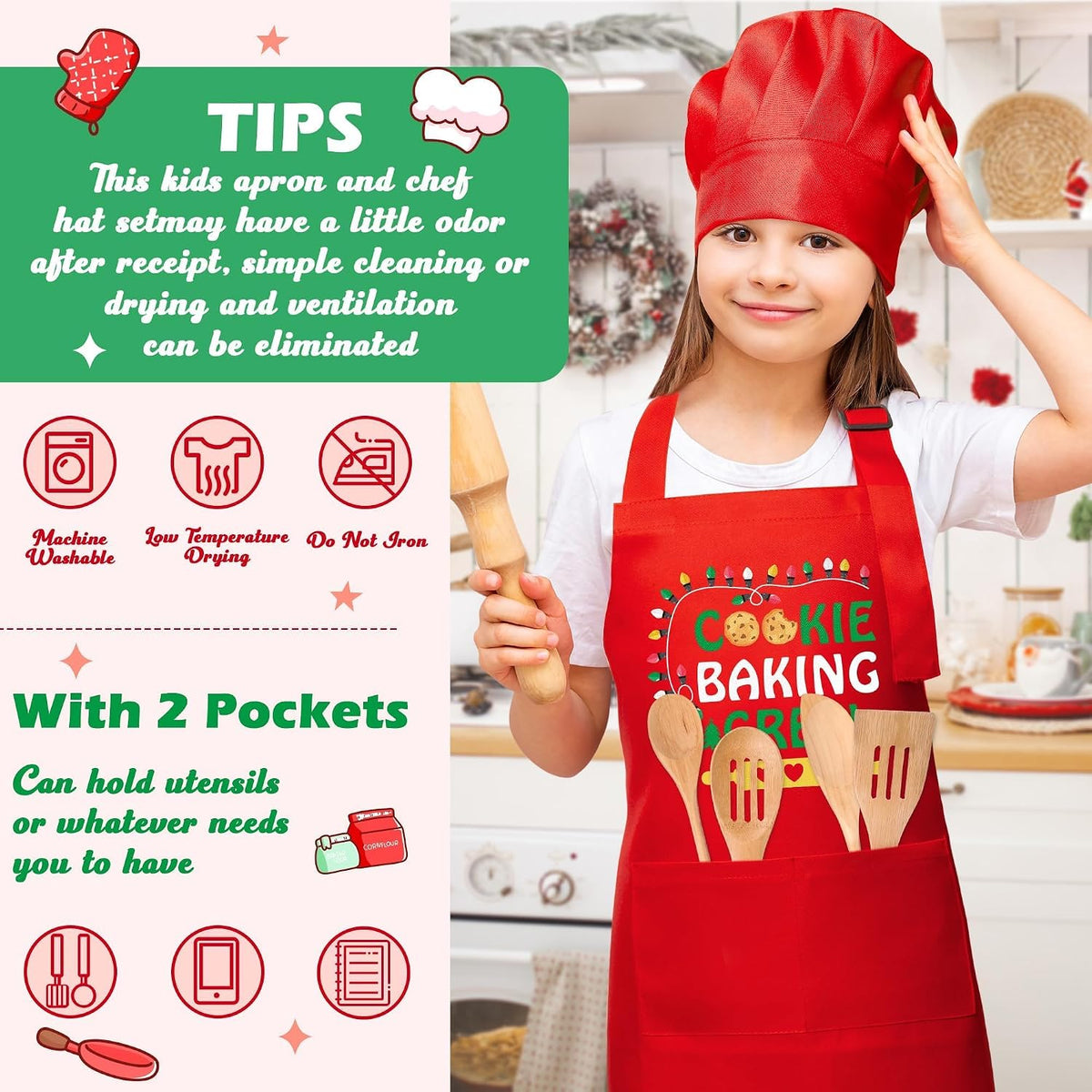 R HORSE Kid Apron and Chef Hat Set - Red Cookie Baking - image 2