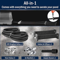 AquaMiracle All-in-1 Koi Pond Aeration Kit Pond Air Pump with Self-Sinking Airline Rubber Air Diffuser, Air Flow Control Pond Aerator for Outdoor Pond 10,000-15,000 Gallons