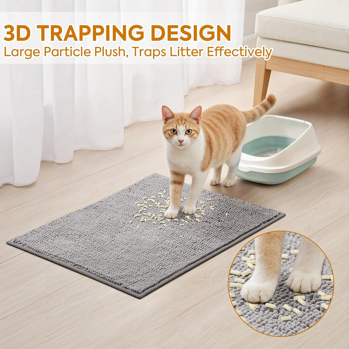 Pieviev Soft Chenille Cat Litter Box Mat, Ultra Absorbent - Grey / L-28''X20'' - image 2
